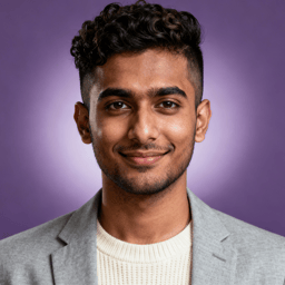 AI-generated portrait of a young man with short curly hair and light facial hair, wearing a blazer over a knit top, posed with a subtle smile against a purple background in clean studio lighting.