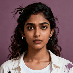 AI-generated portrait of a young woman with long dark hair pulled back and natural features, wearing a light jacket with paint marks, posed with a neutral expression against a muted purple background in warm studio light.