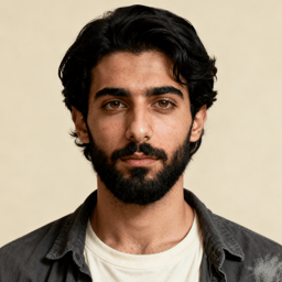 AI-generated portrait of a young man with wavy dark hair and a full beard, wearing a light shirt and open jacket, posed with a neutral expression against a warm beige background in soft studio light.