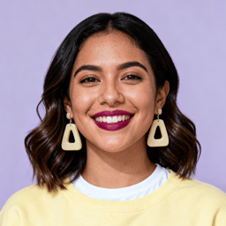 AI-generated portrait of a young woman with shoulder-length wavy hair and bold earrings, wearing a light sweater over a shirt, posed with a smiling expression against a soft lavender background in diffused studio light.