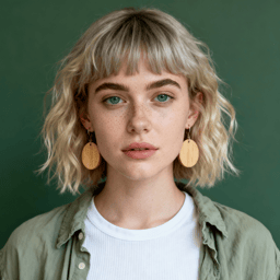 AI-generated portrait of a young woman with a short blonde bob and light freckles, wearing a white top and open shirt, posed with a neutral expression against a green background in diffused studio light.