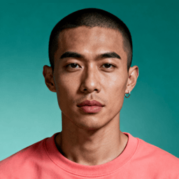 AI-generated portrait of a young man with very short hair and an earring, wearing a casual top, posed with a neutral expression against a teal gradient background in bright studio light.