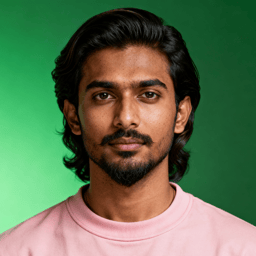 AI-generated portrait of a young man with swept-back hair and light facial hair, wearing a light pink crewneck shirt, posed with a calm expression against a green gradient background in bright studio light.