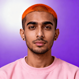 AI-generated portrait of a young man with very short hair and a dyed top, wearing a pink crewneck shirt and a nose ring, posed with a neutral expression against a purple gradient background in bright studio light.
