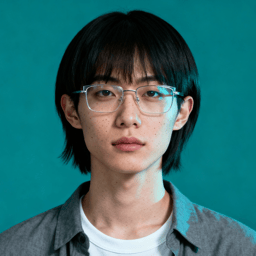 AI-generated portrait of a young woman with short straight hair and glasses, wearing a casual button-up shirt, posed with a neutral expression against a teal background in cool studio lighting.