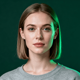 AI-generated portrait of a young woman with straight shoulder-length hair, wearing a simple crewneck shirt, posed with a neutral expression against a dark green background in cool studio lighting.