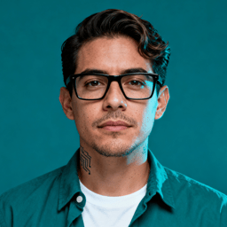AI-generated portrait of a young man with short styled hair and glasses, wearing a casual button-up shirt, posed with a neutral expression against a teal background in cool studio lighting.