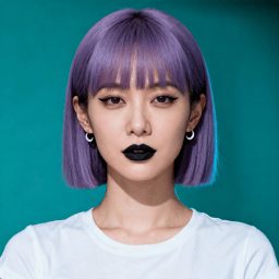 AI-generated portrait of a young woman with a purple bob haircut and straight bangs, wearing a white t-shirt and hoop earrings, posed with a neutral expression against a teal background in cool studio lighting.