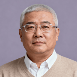 AI-generated portrait of a middle-aged man with short gray hair and glasses, wearing a sweater over a collared shirt, posed with a neutral expression against a muted background in soft light.