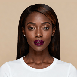AI-generated portrait of a young woman with long straight hair, wearing a light crewneck top, posed with a neutral expression against a warm neutral background in soft light.