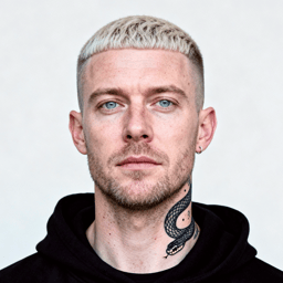 AI-generated portrait of a young man with short cropped hair and light facial stubble, wearing a dark hoodie, posed with a neutral expression against a light studio background in soft lighting.