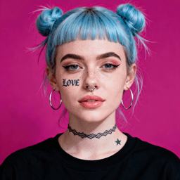 AI-generated portrait of a young woman with blue hair in space buns and facial tattoos, wearing a dark top, posed with a calm expression against a bright pink background in studio lighting.