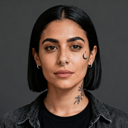 AI-generated portrait of a young woman with a straight bob haircut and facial piercings, wearing a dark jacket, posed with a neutral expression against a dark gray background in soft lighting.