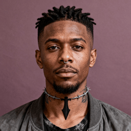 AI-generated portrait of a young man with short textured hair and facial piercings, wearing a dark jacket, posed with a serious expression against a muted mauve background in soft lighting.