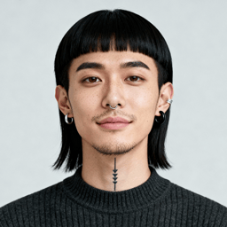AI-generated portrait of a young person with a blunt haircut and facial piercings, wearing a dark knit top, posed with a neutral expression against a light gray background in soft lighting.