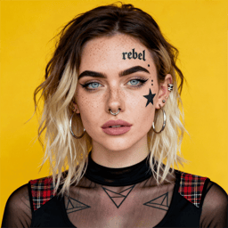 AI-generated portrait of a young woman with shoulder-length hair and facial star tattoos, wearing a dark top and sheer neckline, posed with a calm expression against a bright yellow background in studio lighting.
