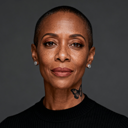 AI-generated portrait of a middle-aged woman with very short hair and small earrings, wearing a dark top, posed with a calm expression against a cool gray background in soft lighting.