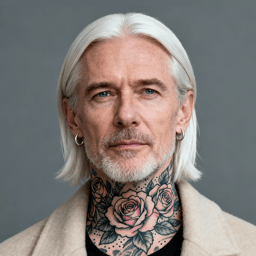AI-generated portrait of a middle-aged man with long light hair and trimmed facial hair, wearing a light jacket, posed with a neutral expression against a gray background in soft lighting.