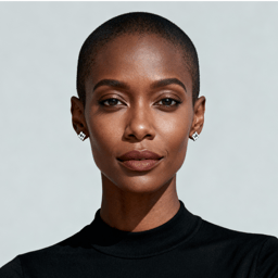 AI-generated portrait of a young woman with very short hair and defined features, wearing a dark monochrome top, posed with a neutral expression against a soft gray background in studio light.