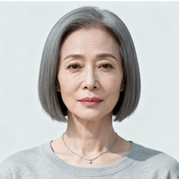 AI-generated portrait of a middle-aged woman with straight shoulder-length hair, wearing a light knit top, posed with a gentle expression against a pale background in diffused light.