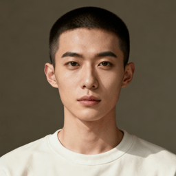 AI-generated portrait of a young person with very short hair and smooth features, wearing a light crewneck shirt, posed with a neutral expression against a muted background in studio light.