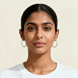 AI-generated portrait of a young woman with pulled-back dark hair and defined brows, wearing a light crewneck top, posed with a neutral expression against a pale background in clean daylight.