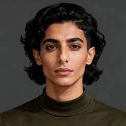 AI-generated portrait of a young person with medium-length wavy dark hair, wearing a dark high-neck top, posed with a neutral expression against a dark background in studio light.