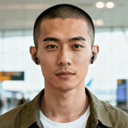 AI-generated portrait of a young man with a shaved head, wearing earbuds and a casual jacket, posed with a neutral expression against a bright indoor background in natural light.