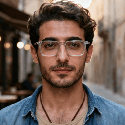 AI-generated portrait of a young man with wavy hair and light facial hair, wearing glasses and a casual shirt, posed with a relaxed expression against a street café background in soft daylight.