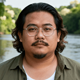 AI-generated portrait of a middle-aged man with medium-length hair, glasses, and a mustache, wearing a casual button-up shirt, posed with a neutral expression against a riverside background in natural light.
