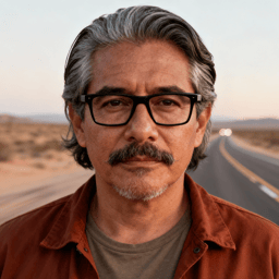 AI-generated portrait of a middle-aged man with swept-back hair and a mustache, wearing glasses and a casual jacket, posed with a calm expression against an open road background in warm light.