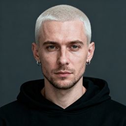 AI-generated portrait of a young man with very short light hair and light stubble, wearing a black hoodie and hoop earrings, posed with a neutral expression against a dark gradient background in balanced light.