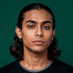 AI-generated portrait of a young person with shoulder-length dark hair and earrings, wearing a dark t-shirt, posed with a neutral expression against a deep green background in balanced light.