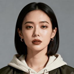 AI-generated portrait of a young woman with a straight chin-length bob and hoop earrings, wearing a hoodie layered under a jacket, posed with a neutral expression against a gray background in soft light.