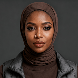 AI-generated portrait of a young woman wearing a fitted headscarf and layered streetwear vest, posed with a calm expression against a dark gray background in soft light.
