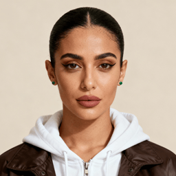 AI-generated portrait of a young woman with hair pulled back, wearing a white hoodie under a leather jacket, posed with a composed expression against a light beige background in soft light.