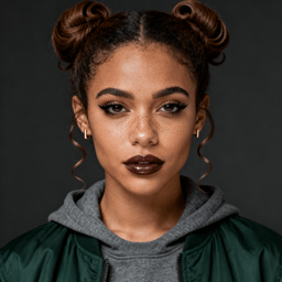 AI-generated portrait of a young woman with double bun hairstyle and subtle freckles, wearing a hoodie and bomber jacket, posed with a composed expression against a dark background in soft light.