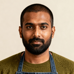AI-generated portrait of a young man with closely cropped hair and a full beard, wearing a knit shirt and denim apron, posed with a steady expression against a warm neutral background in natural light.