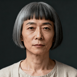 AI-generated portrait of a middle-aged woman with a short gray bob and straight bangs, wearing a light textured top, posed with a neutral expression against a dark background in soft diffused light.