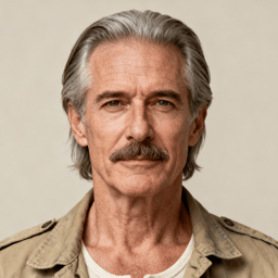 AI-generated portrait of a middle-aged man with swept-back gray hair and a thick mustache, wearing a light utility jacket over a shirt, posed with a composed expression against a warm neutral background in natural light.