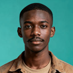 AI-generated portrait of a young man with very short hair and a thin mustache, wearing a work jacket over a t-shirt, posed with a neutral expression against a teal background in natural light.