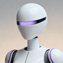 AI-generated portrait of a humanoid android with a smooth white helmet and glowing horizontal visor, posed facing forward against a warm gradient background in diffused light.