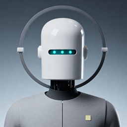 AI-generated portrait of a cylindrical-headed android with a circular halo frame and glowing horizontal eye strip, wearing a smooth synthetic body, posed facing forward against a gray gradient background in diffused light.