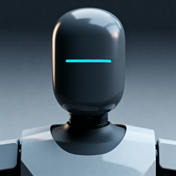 AI-generated portrait of an adult person with a matte android head and horizontal light bar display, wearing a minimal robotic torso, posed with a neutral expression against a dark gradient background in cool diffused light.