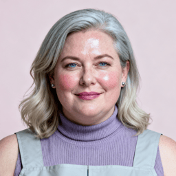 AI-generated portrait of a middle-aged woman with shoulder-length hair and light makeup, wearing a sleeveless layered top, posed with a neutral expression against a pale pink background in cool diffused lighting.