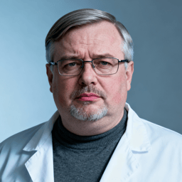 AI-generated portrait of a middle-aged man with short gray hair, glasses, and a trimmed goatee, wearing a lab-style coat over a high-neck top, posed with a serious expression against a light blue background in cool diffused lighting.