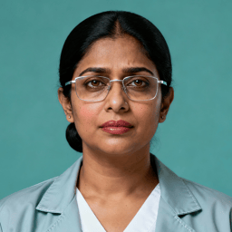 AI-generated portrait of a middle-aged woman with dark hair pulled back and glasses, wearing a lab-style jacket over a light top, posed with a neutral expression against a teal background in cool diffused lighting.