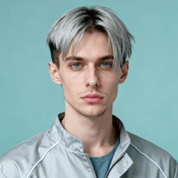 AI-generated portrait of a young man with light textured hair and defined brows, wearing a technical zip-up jacket, posed with a neutral expression against a teal background in cool diffused lighting.