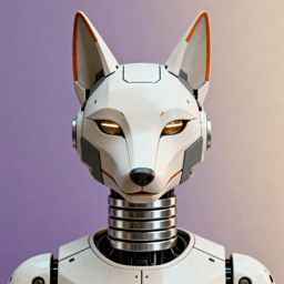 AI-generated portrait of an animal-inspired android with pointed ears and glowing eyes, featuring armored plating, posed facing forward against a muted purple gradient background in diffused light.