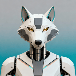 AI-generated portrait of a wolf-inspired android with angular plating and glowing eyes, posed facing forward against a teal gradient background in directional light.